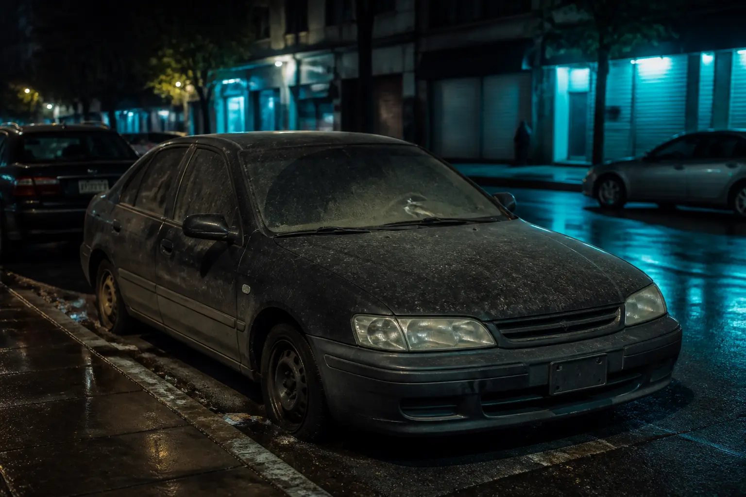 Véhicule abandonné de nuit en bordure de rue, carrosserie poussiéreuse, pneus à plat et trottoir mouillé réfléchissant les lumières urbaines