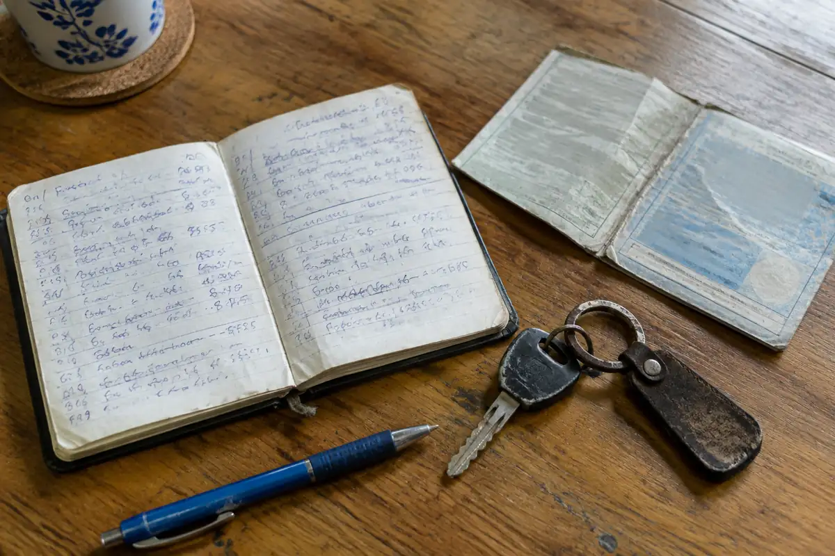Carnet de trajets manuscrit ouvert sur une table, à côté d'une carte grise et d'une clé de moto