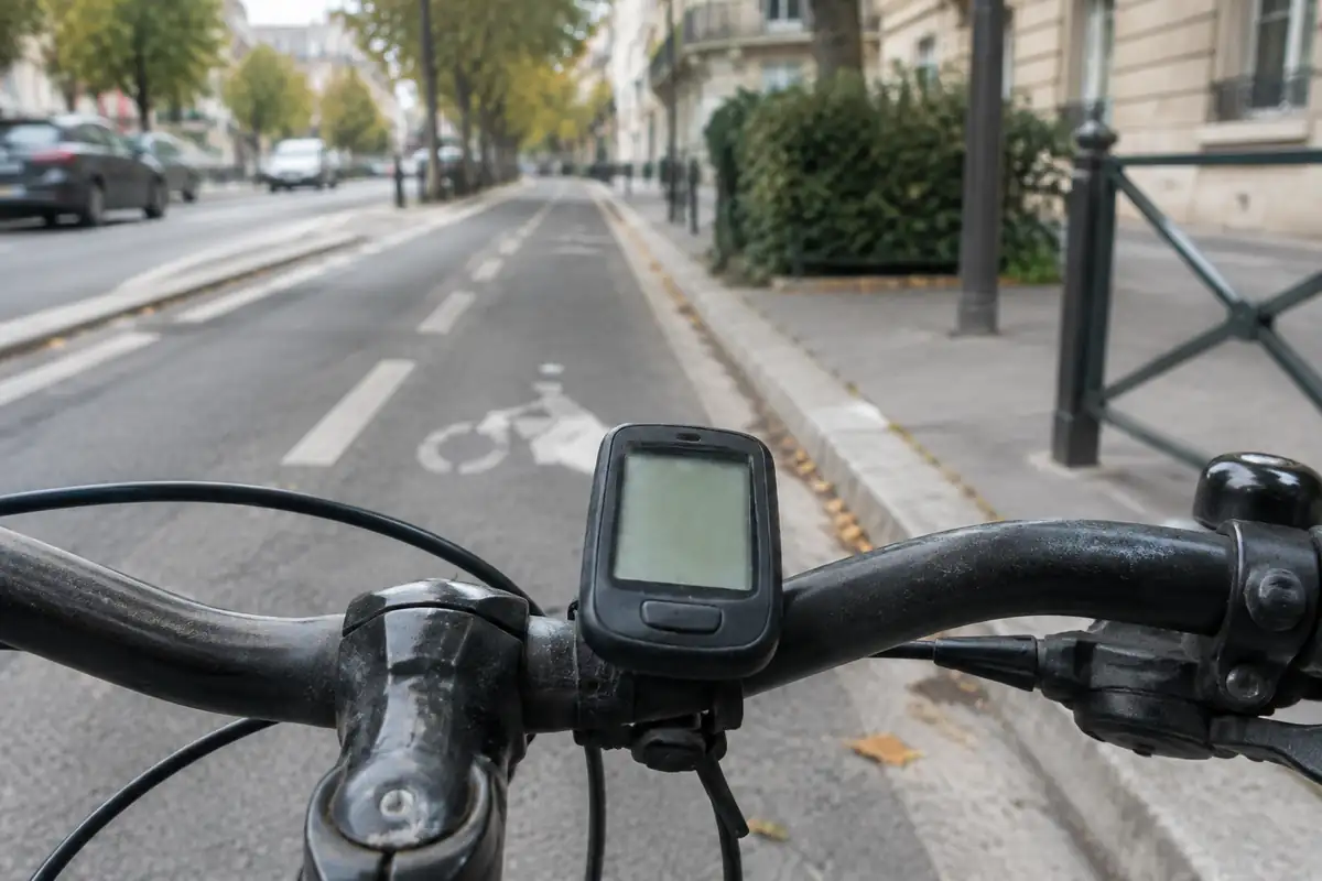 Compteur de vélo fixé au guidon sur une piste cyclable en ville