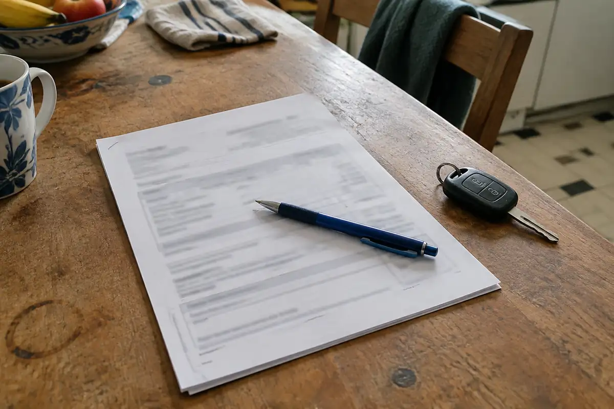 Devis d'assurance papier posé sur une table avec un stylo et une clé de voiture