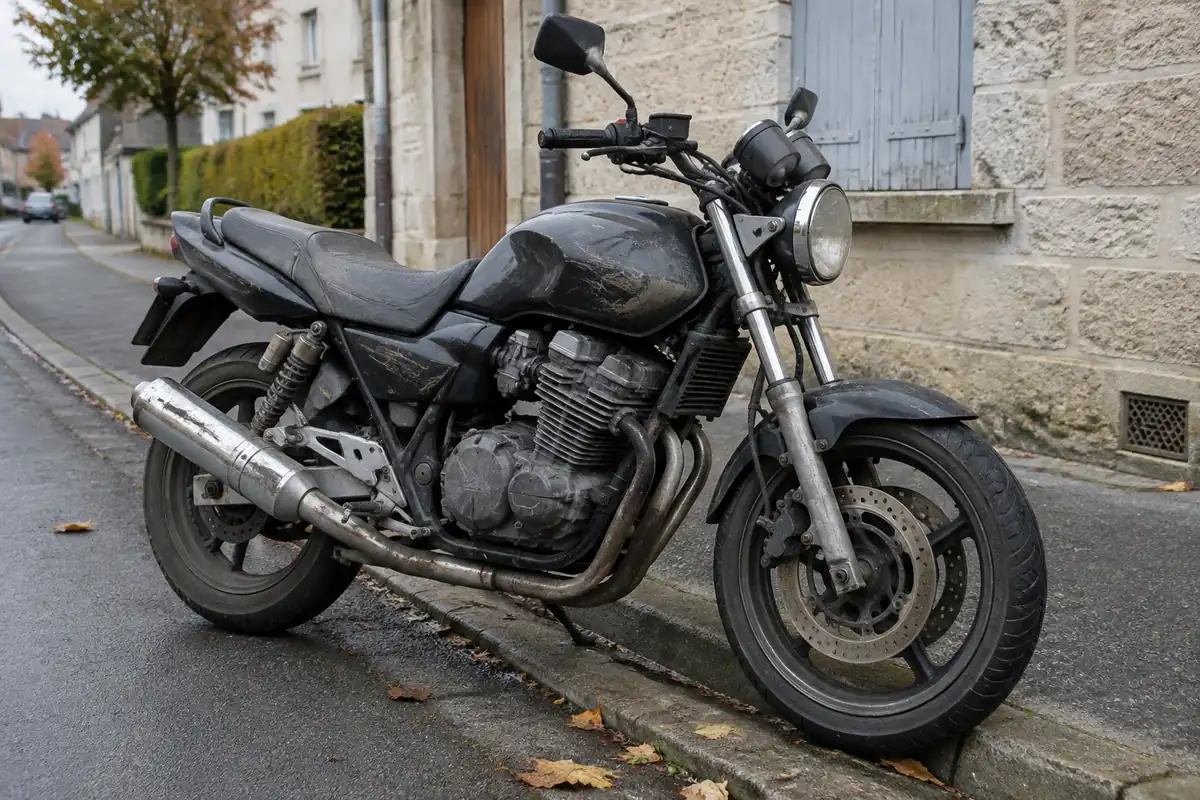 Moto d'occasion garée au bord d'un trottoir, vue côté moteur avec les cylindres et l'échappement