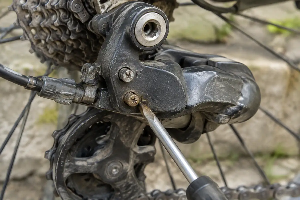 Les deux vis de butée d'un dérailleur arrière, repérées H et L, avec un tournevis