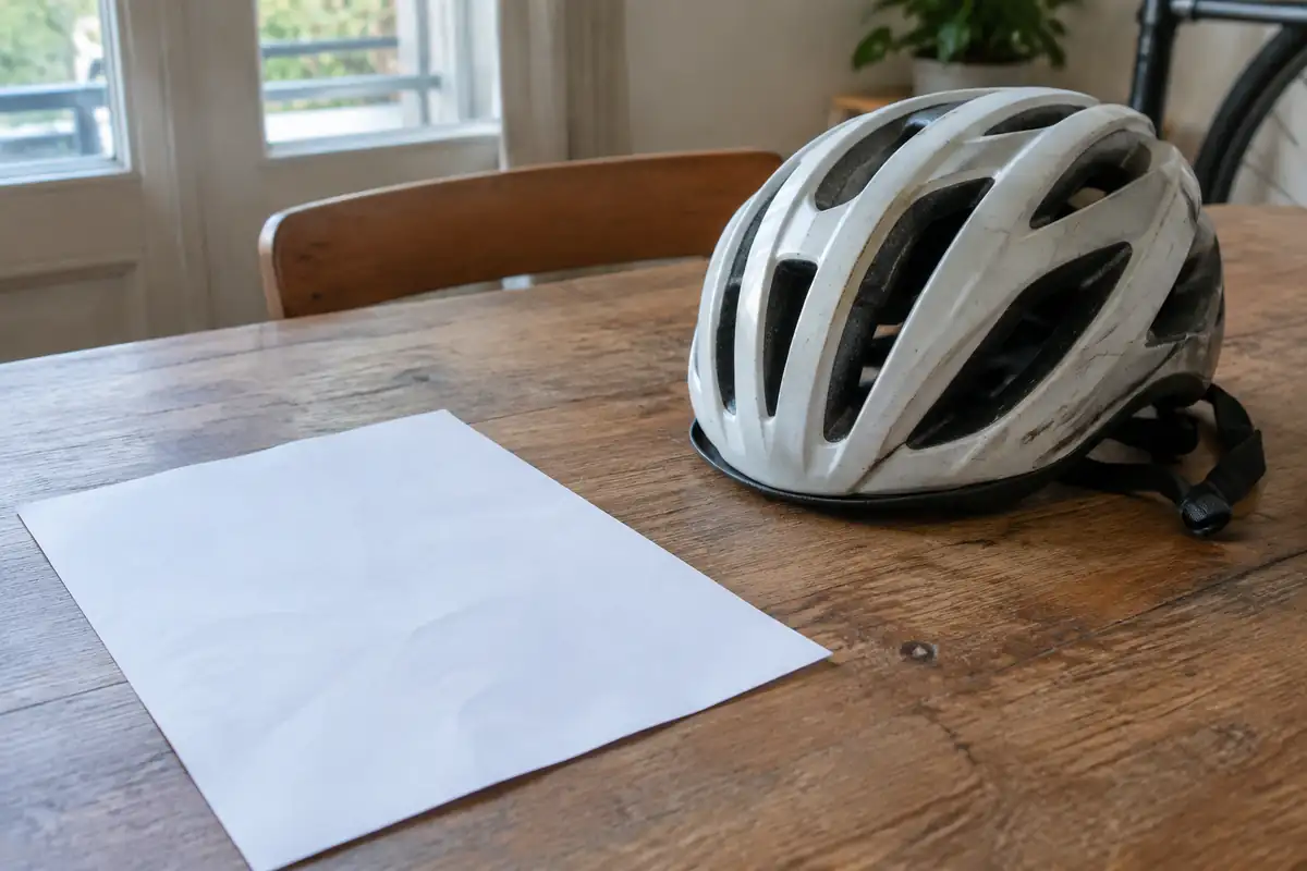 Attestation d'assurance et casque sur une table en bois