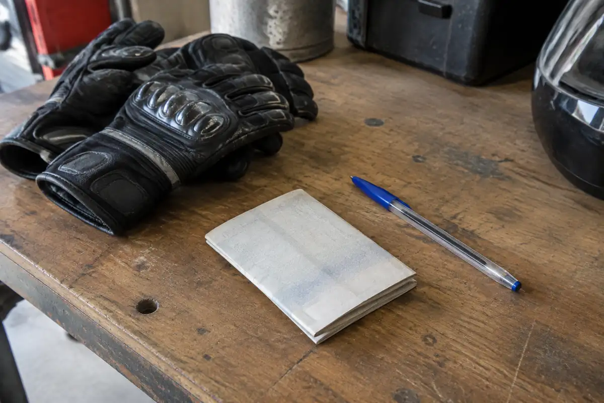 Carte grise pliée posée sur un établi à côté d'un stylo et de gants de moto