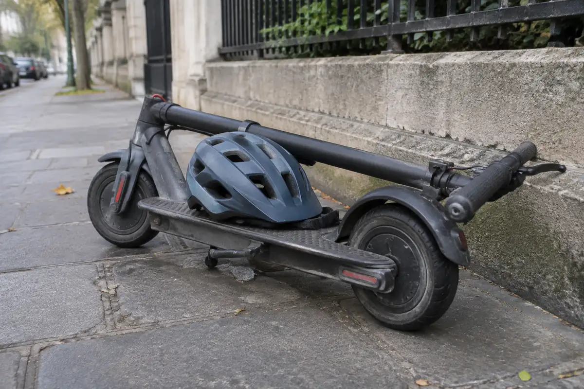 Casque de vélo posé sur une trottinette électrique pliée sur un trottoir