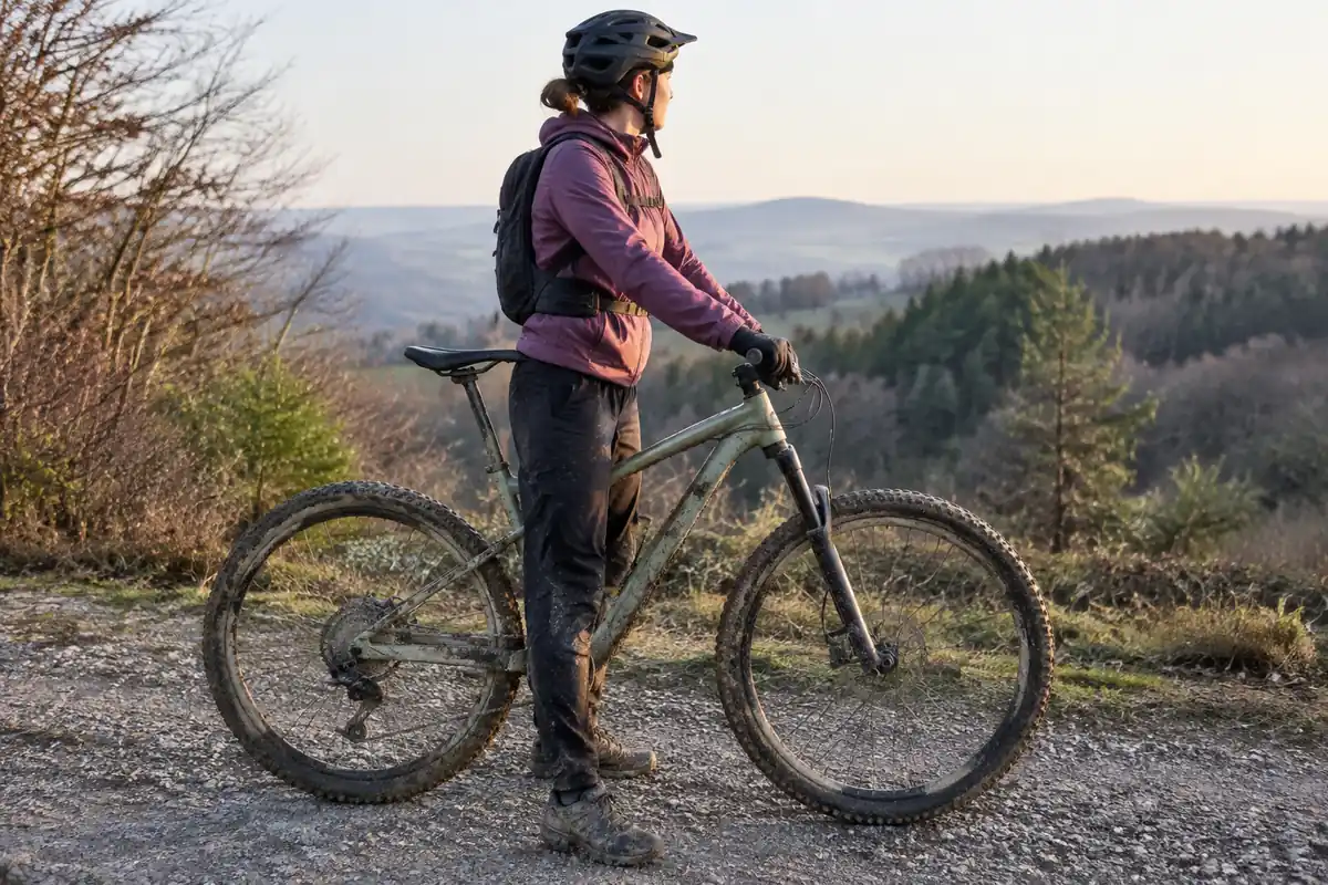 Cycliste debout enjambant un VTT boueux, pieds à plat sur un chemin, un espace sous le tube supérieur
