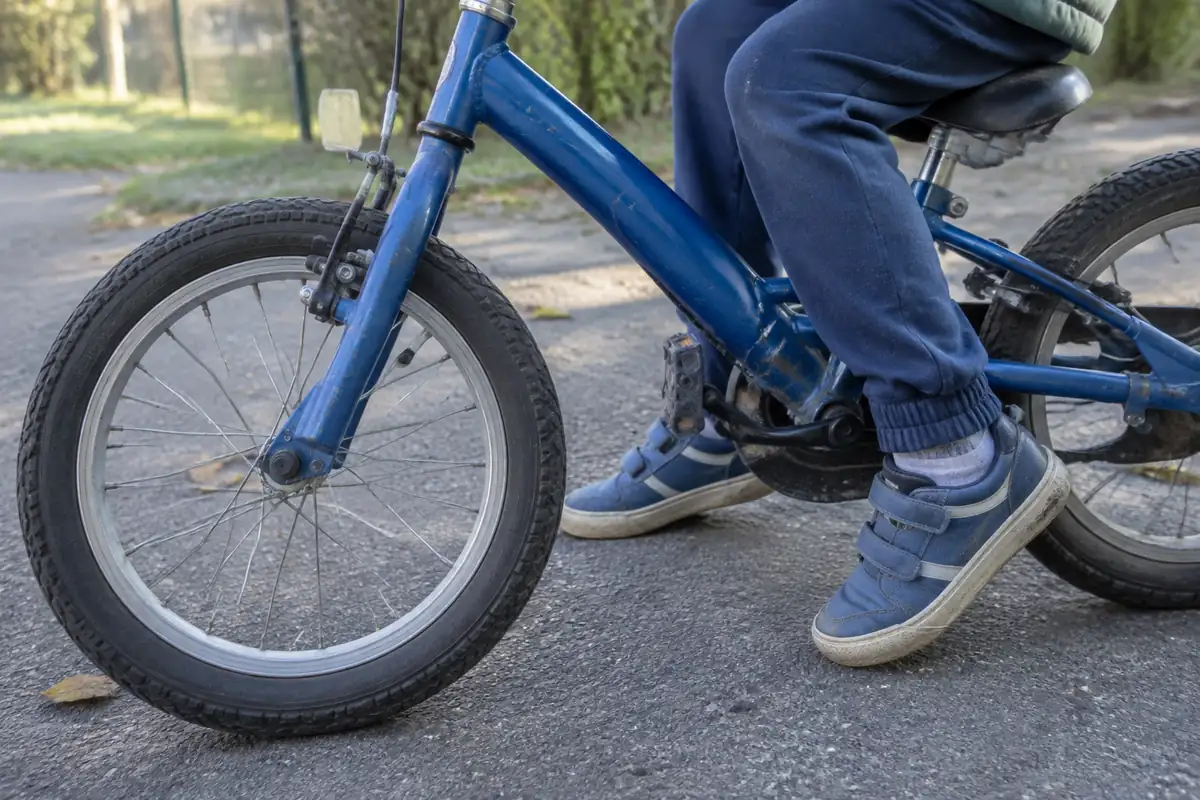 Baskets d'enfant posées à plat sur un chemin, enfant assis sur un petit vélo avec la selle basse