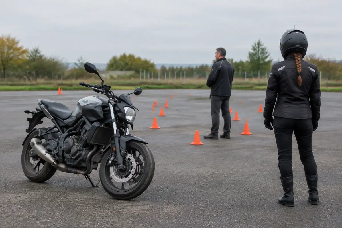 Plateau d'auto-école moto avec plots et moto à l'arrêt