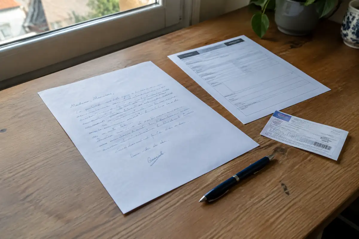 Lettre manuscrite de recours, formulaire et récépissé de recommandé posés sur un bureau avec un stylo