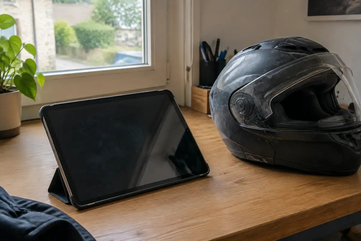 Tablette tactile posée sur un bureau avec un casque de moto à côté